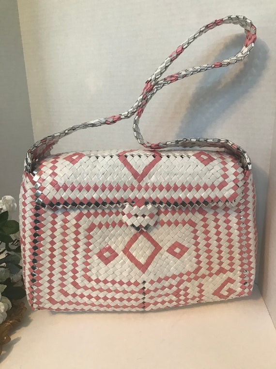 Vintage pink and white plastic woven purse, Vinta… - image 3