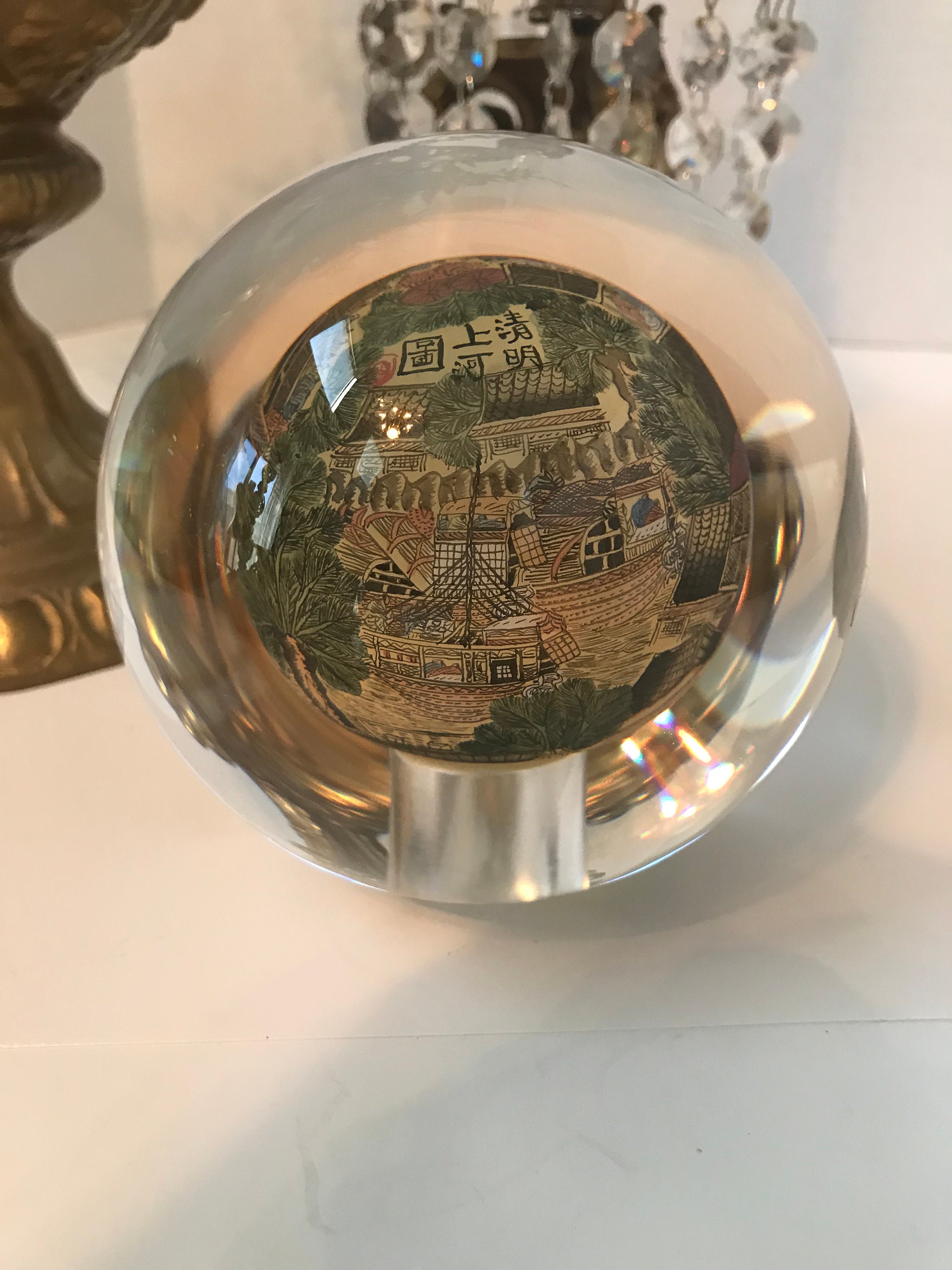 Vintage Chinoiserie Glass Paperweight, Vtg Reverse Painted Asian ...