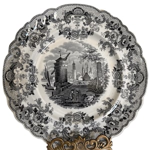 Vintage 19th Century Pomerania JR Black Transferware Plate, Antique English Toile Scenic Plate, 10.5” Ironstone, Victorian Era (Plate 3)