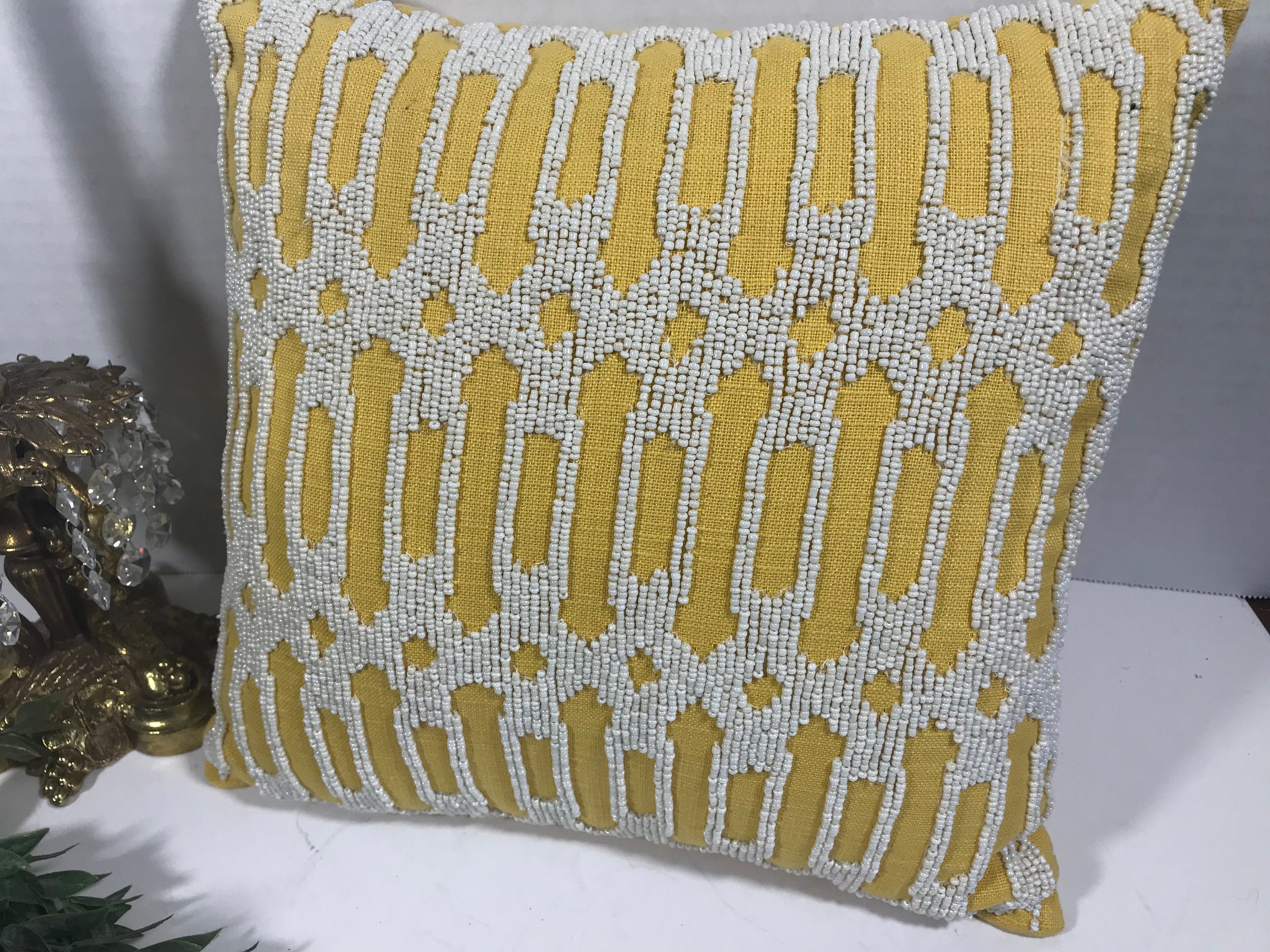 Vintage 90s Pier One Beaded Yellow Decorative Throw Pillow Pier One Vibrant Yellow Small Beaded Accent Pillow Boho Beaded 12x12 Pillow Etsy