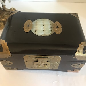 Vintage dark wood and brass box, vintage brass, wood and jade Chinese decorative box, dark wood trinket box, Chinoiserie style jewelry box
