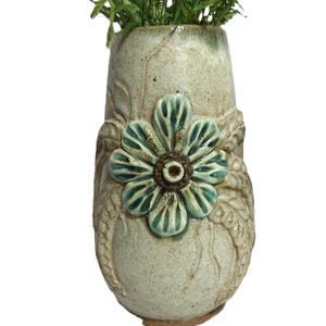 Vintage 1977 art pottery vase, signed, Vintage James Dearden 70s ceramic vase with applied floral design, signed, natural style vintage vase