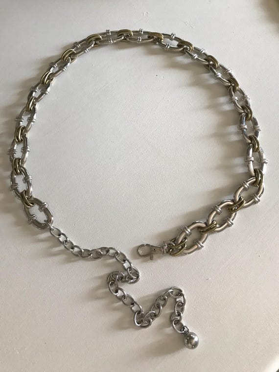 Vintage Silver Yellow Oval Stone Link Belt with Antique-Style Chain Vintage Silver and Gold Toned Chain Belt, Vintage Oval Link  main image 4