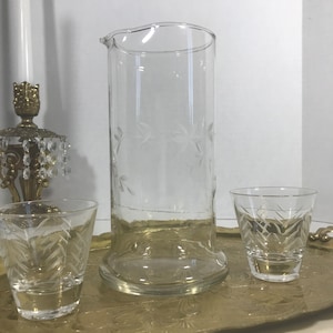 Vintage etched glass pitcher & glasses set, martini or bedside water carafe with stemless glasses, vintage barware