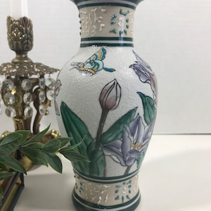 Vintage ceramic white butterfly vase, 8" hand painted Chinoiserie style vase, Painted colorful floral vase, Vintage unique Chinoiserie vase