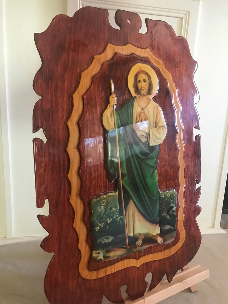 Vintage Carved Wood St. Jude Wall Art 23.5x16, Vintage Wooden Hand