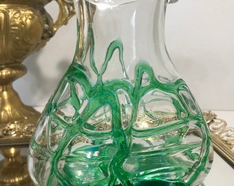Art glass clear and green vase, Modern clear and green glass vase, Artsy green glass vase, boho glass vase, blown glass vase