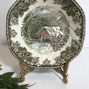 Vintage Johnson Brothers Friendly Village The Covered Bridge square bowl, Johnson Bros England Friendly Village 6.25&quot; bowl, made in England.