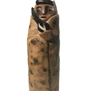 Vintage art pottery statue, Whimsical art pottery figurine with feathers, signed Judy Peele, Artsy ceramic figurine statue with feathers