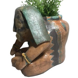 Vintage hand-painted terracotta warrior planter, figural red clay pottery statue, rustic Mexican-style pottery planter