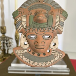 Vintage terracotta wall mask, hand-painted red clay pottery face, artisan Mexico wall decor in Mayan-style design image 5