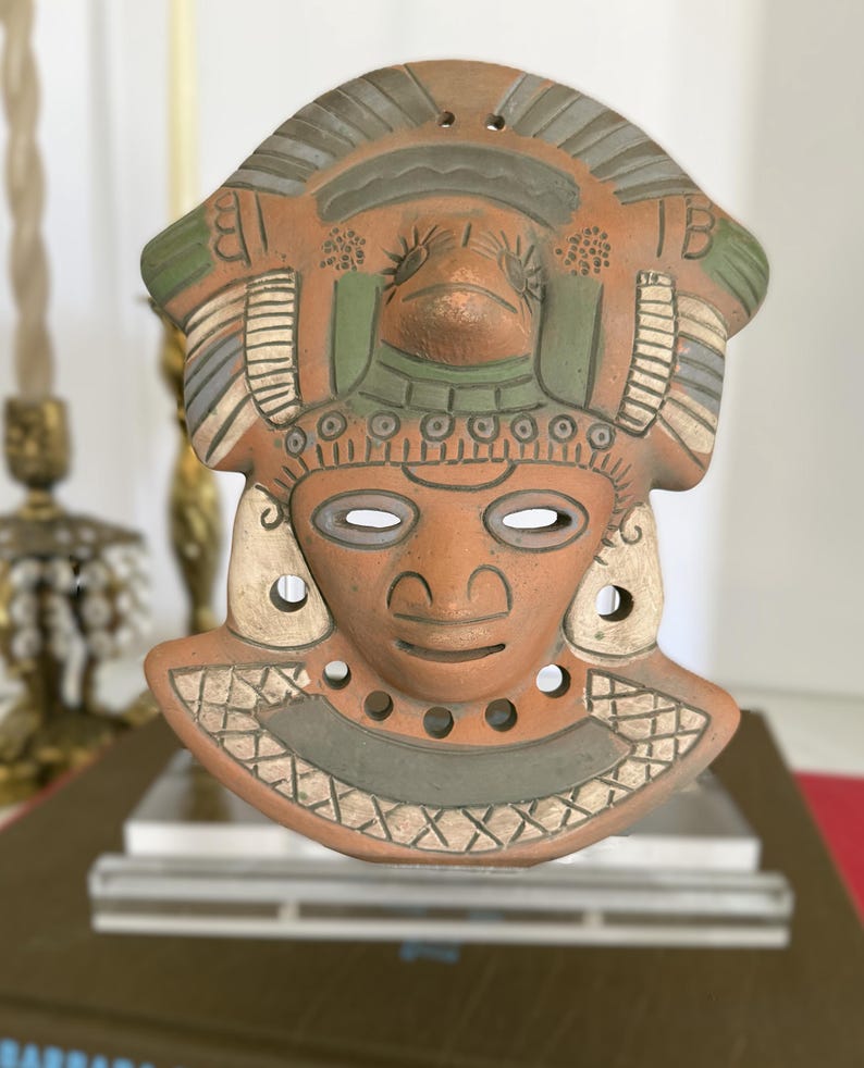 Vintage terracotta wall mask, hand-painted red clay pottery face, artisan Mexico wall decor in Mayan-style design image 5