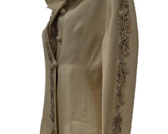 Vintage Jean Lutece 1960s Ivory Silk Beaded Coat, Mandarin Collar Long Jacket, Custom Tailored in Hong Kong, Jackie O Style Vintage Coat