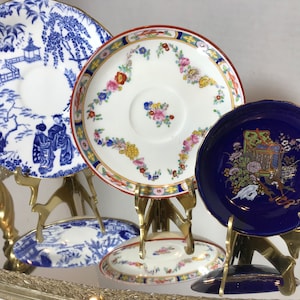 Vintage small plates with brass stands, Vintage mix of elegant plates, Vintage small display plates, vintage decorative plates with stands