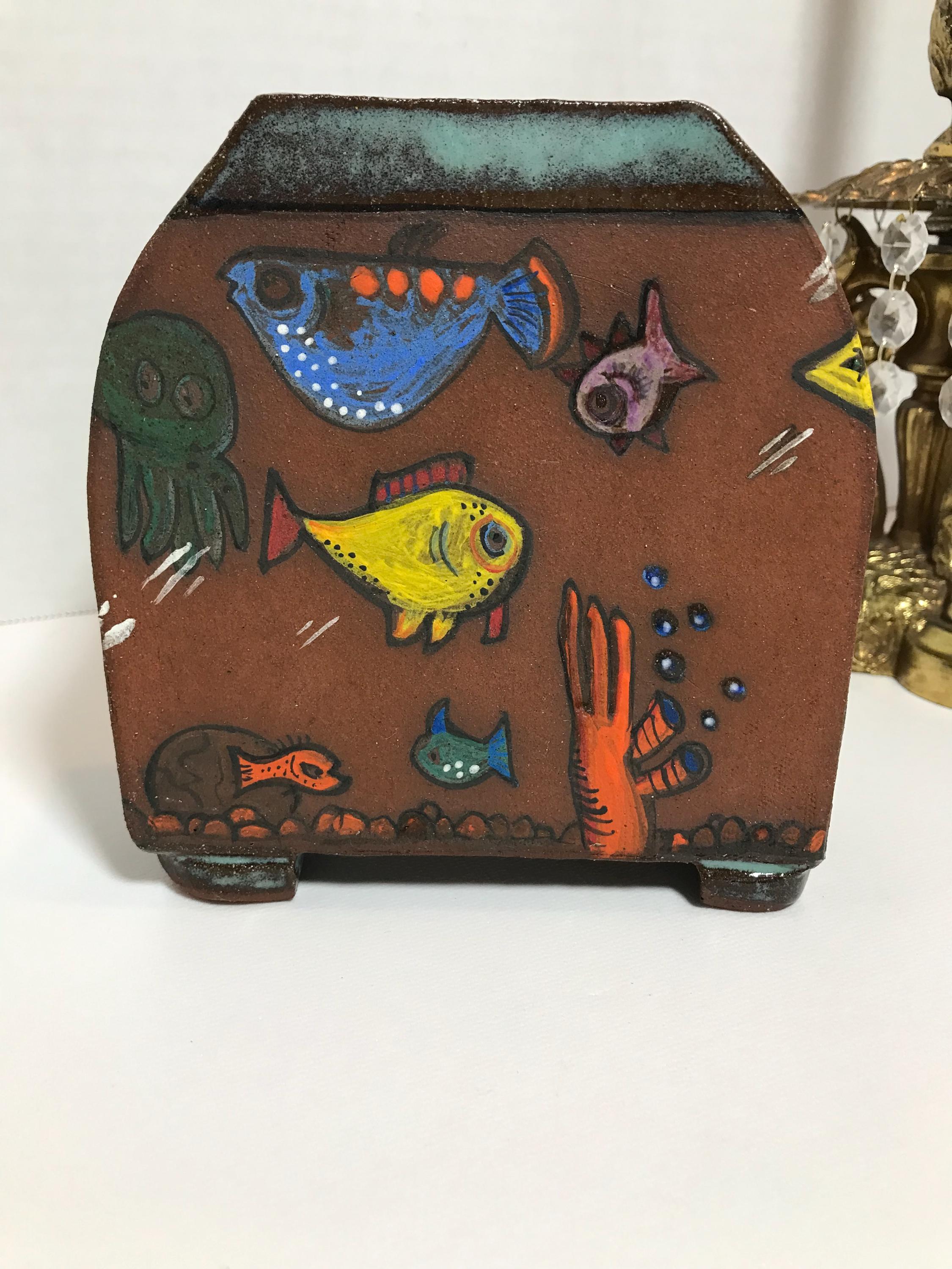 ヴィンテージスタジオの手描き陶器、海底花瓶、サイン入り、アン