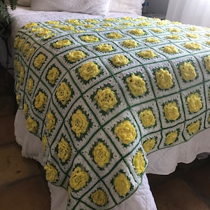 Vintage handmade floral crochet blanket 50x50&quot;, Yellow floral crochet throw, 70s flower crochet, Handmade crochet floral green yellow throw