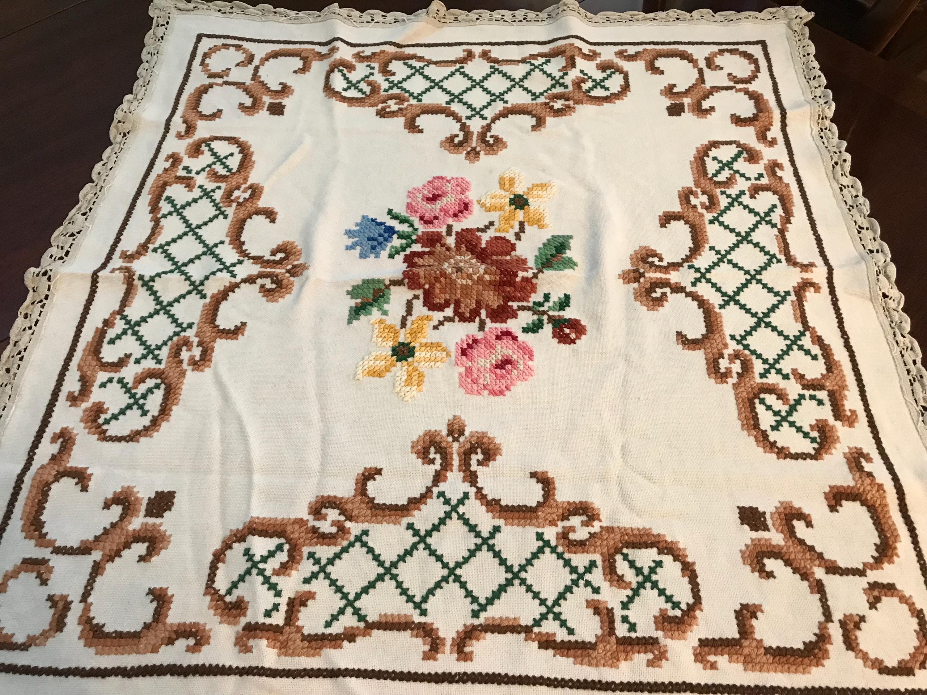 ヴィンテージホワイト刺繍クロスステッチハンドメイドテーブルクロス