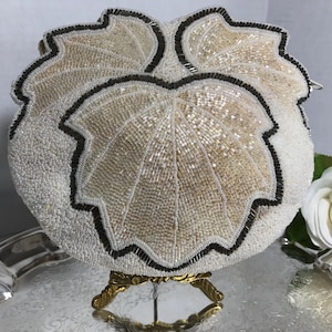 Vintage 1950s clutch style elegant beaded evening bag, Vintage white and pewter beaded leaf shape clutch purse, Vintage wedding handbag