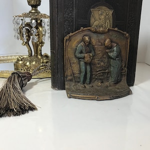 Antique bronze bookends, Antique relief design bronze bookends, Vintage art nouveau style figural bookends, bookshelf moody decor bookends.