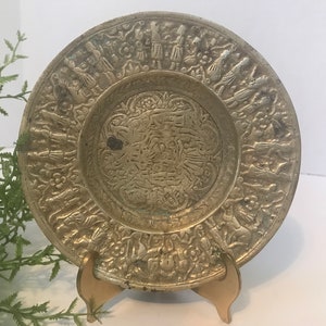 Vintage brass trinket dish, Vintage small brass plate, Vintage unique brass 5&quot; plate, hieroglyphics embossed brass small plate, brass dish.