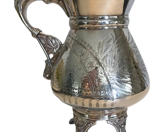 Vintage Meriden silver tall creamer pitcher, Meriden quadruple silverplate footed small engraved pitcher, Elegant silver creamer pitcher
