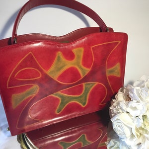 Vintage red leather Kelly Style handbag purse with dyed design, Vintage red leather handbag purse satchel with hand tooled and dyed design