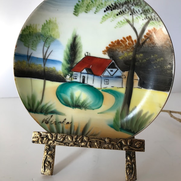 Japanese hand painted porcelain Hiroka signed small plate, Vintage Japan hand painted 5.5" plate trinket dish vibrant village scene, signed