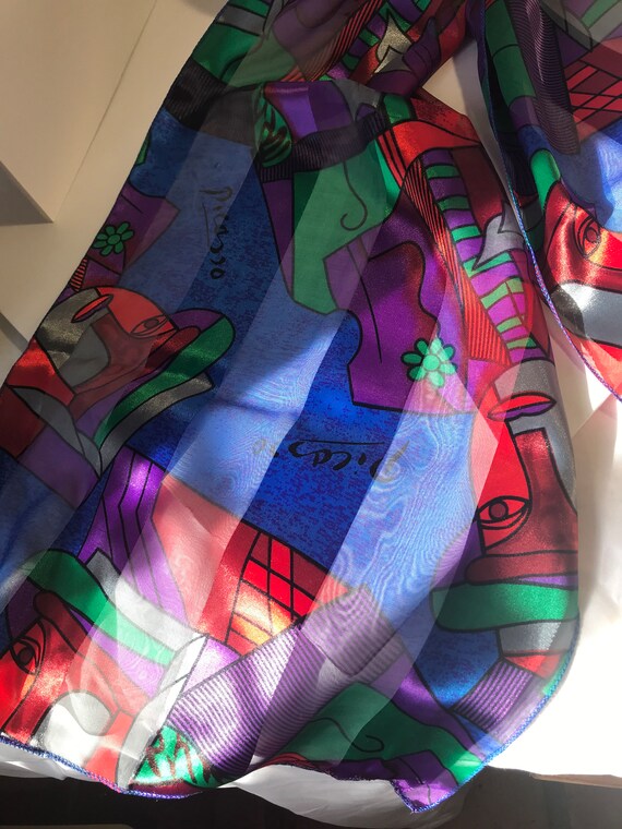 Vintage Picasso print silk 60x14 scarf, Vintage a… - image 6