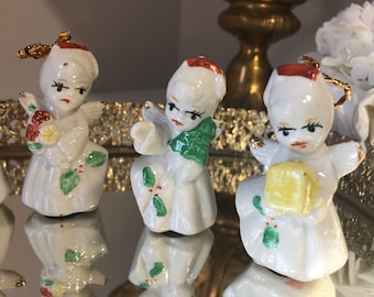 Vintage 1960s ceramic lady angel ornaments in original box, Vintage ceramic white 1960s girl angel ornaments, 1950s white ornaments in box