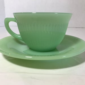 Vintage Jadite glass coffee cup and saucer set, vintage Fire King oven ware coffee cup and underplate, Jadite green glass coffee cup mug