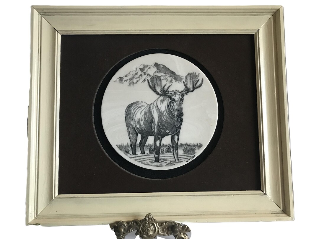 Vintage Etched Wall Art, Vtg Etched Black and White Moose in the Wild ...