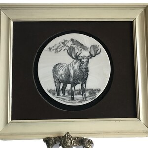 Vintage etched wall art, Vtg etched black and white Moose in the wild, Vtg NCT carved tile moose, Vintage cabin art, vtg hunting wall art