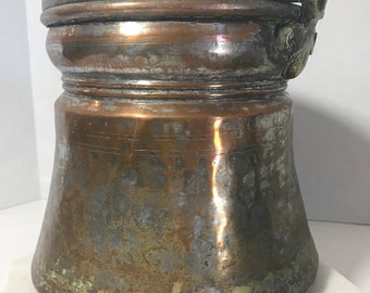 Vintage primitive copper pot kettle, Vtg distressed copper deep pot, unique large copper vessel with brass side detail, Antique copper pot