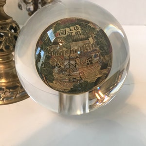 Vintage Chinoiserie glass paperweight, Vtg reverse painted Asian paperweight, Glass sphere paperweight, Unique vtg paperweight office decor