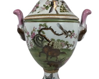 ヴィンテージ 蓮の花 シノワズリ 中国陶器 花瓶 9インチ ブルー