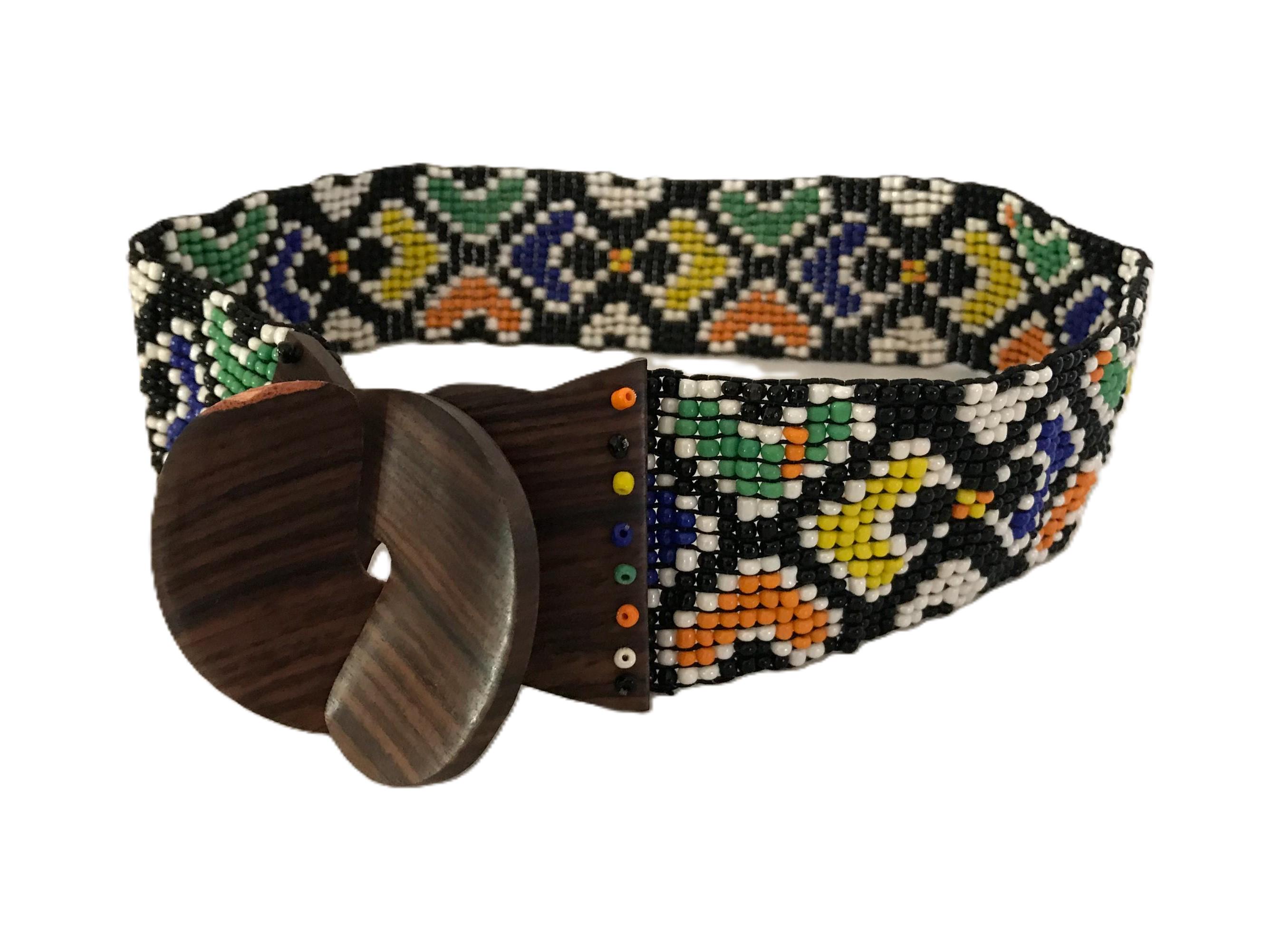 Native American Beaded Belt With Wooden Buckle Beaded elastic stretch belt, colorful Native American belt  main image 4