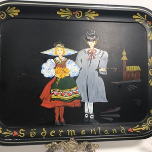 Vintage metal hand painted tray, Vintage 60s folk art hand painted decorative tv tray, Vintage large decorative tray, vintage metal tray