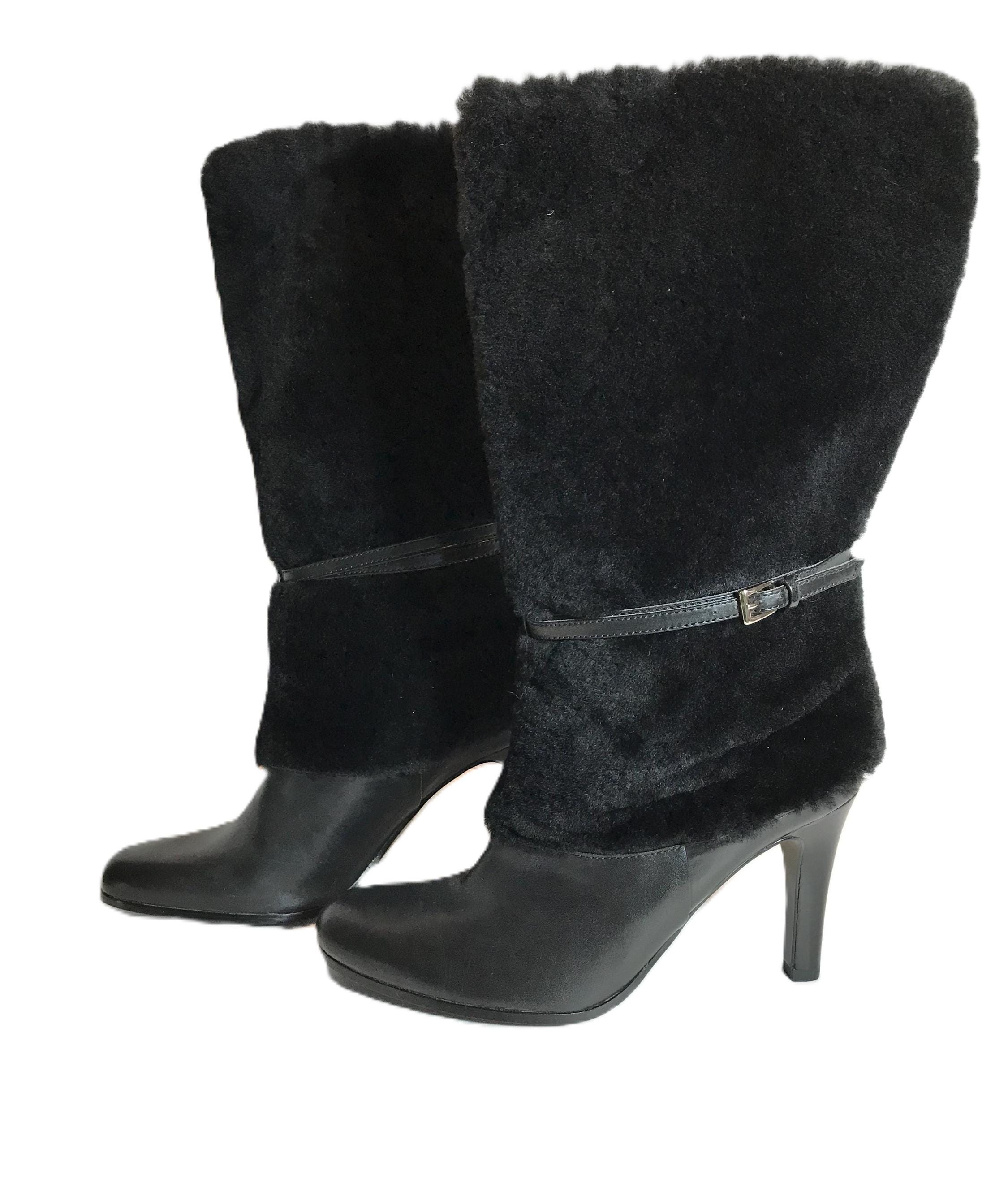 Ralph Lauren Black Leather and Faux Fur Boots, Size 8m, Ralph 