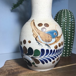 Tonala art pottery vase hand painted bird and signed, Signed Tonala art pottery vase, Signed Tonala, glazed and hand painted Tonala vase