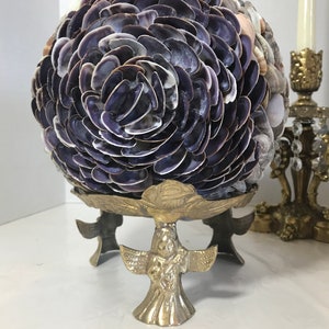 Vintage shell decorative ball on brass stand, Vtg handmade purple seashell sphere home decor, beach house decor, seashell decor
