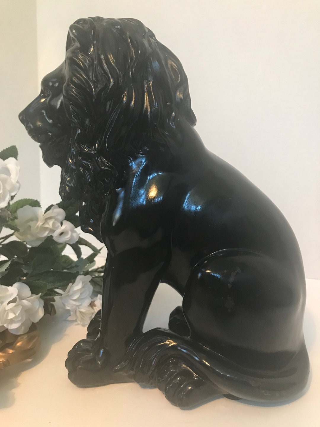 Vintage Large Lion Figurine, Vintage Lion Statue, Vintage Black Lion