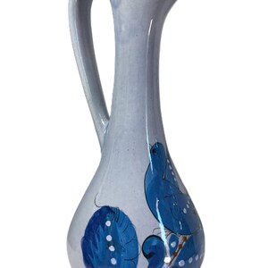 Tonala art pottery pitcher vase hand painted florals and bird, blue Tonala art pottery vase pitcher, glazed and hand painted Tonala pottery