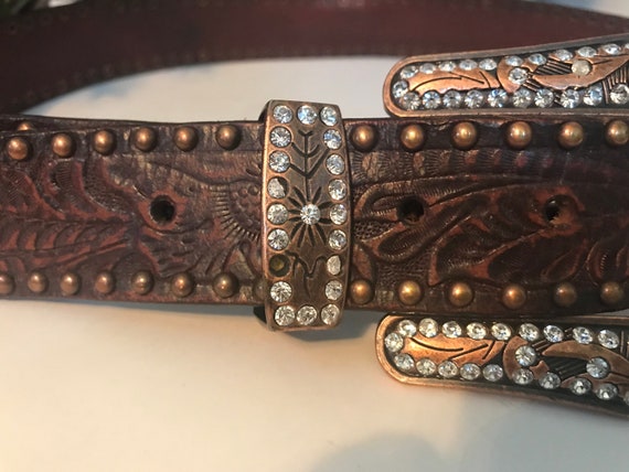 Vintage tooled leather western belt, brown wester… - image 7
