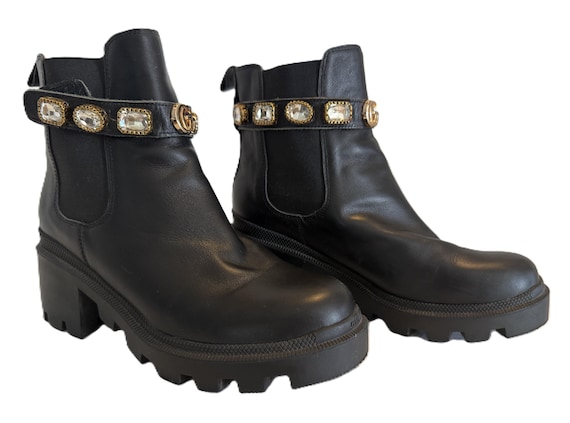 Gucci Black Leather Platform Ankle Boots With Jeweled GG Strap