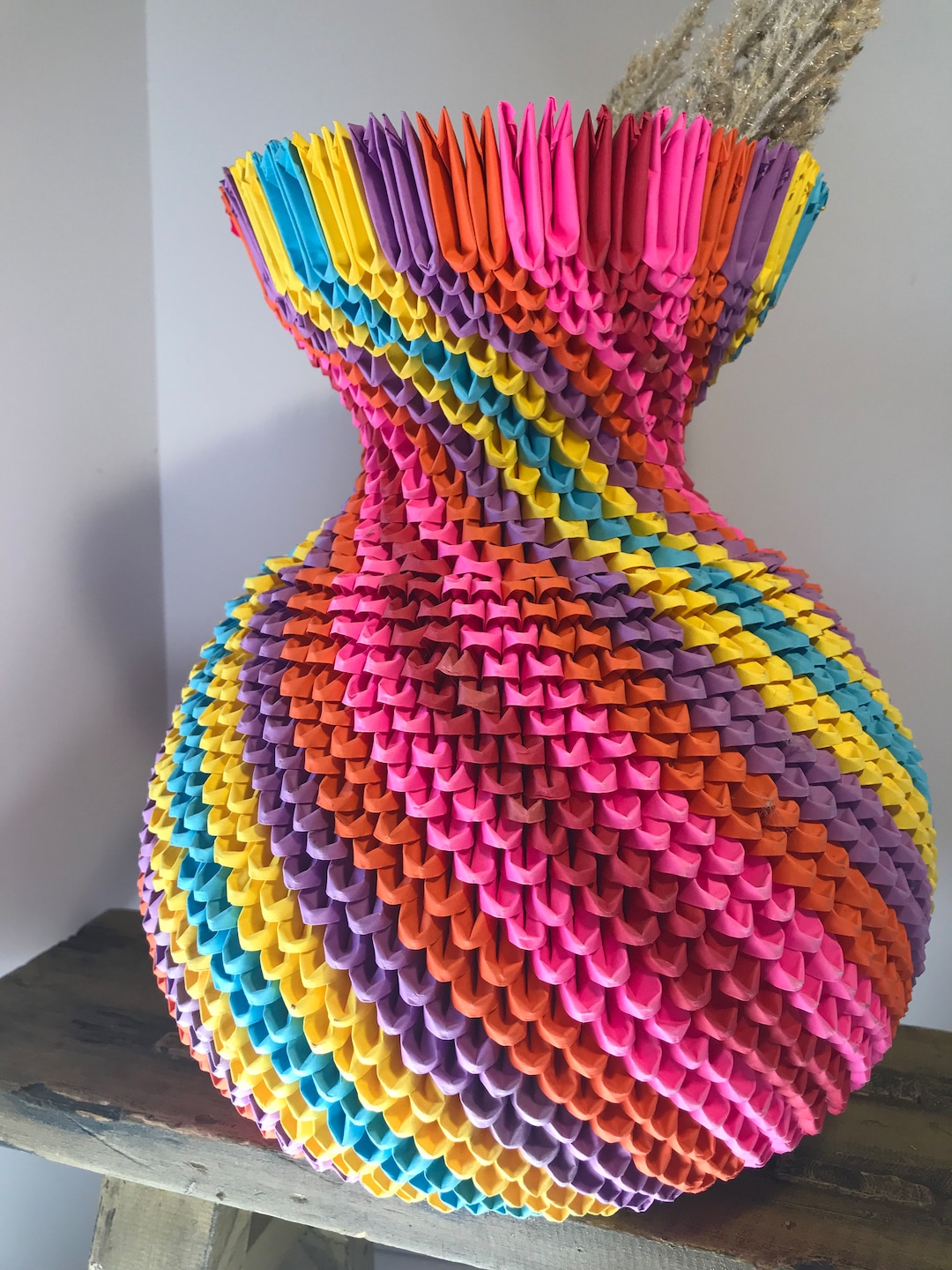 Origami Handmade Paper Vibrant Neon Rainbow Vase, Oneofakind Origami Handmade Neon Paper Vase