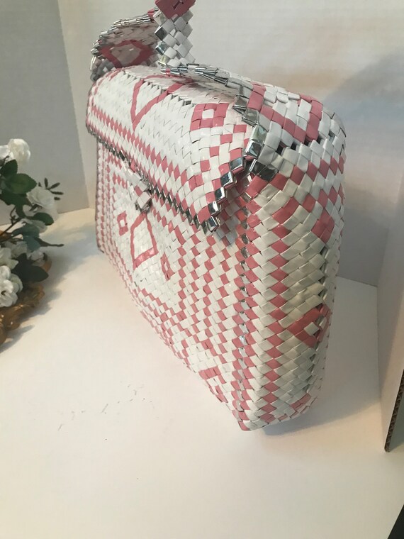 Vintage pink and white plastic woven purse, Vinta… - image 4