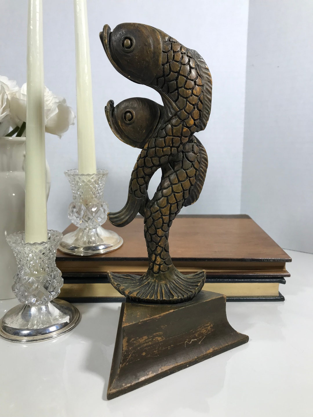 Vintage Hand Carved Wood Fish Sculpture, Vtg Wood Koi Fish Statue, Koi