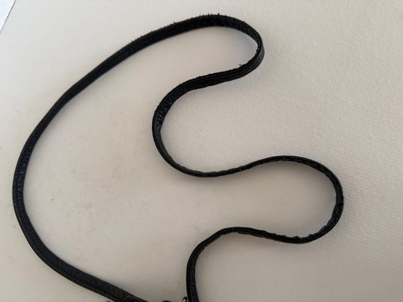 Puede incluir: Primer plano de un cord&oacute;n negro, fino y flexible, posiblemente de cuero o material similar, sobre un fondo blanco. El cord&oacute;n est&aacute; curvado y en bucle, con una superficie texturizada. La imagen destaca los detalles del cord&oacute;n.