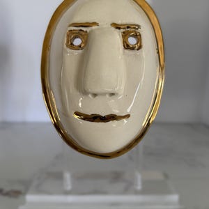 Vintage Signed Ceramic Wall Mask, Ivory Studio Pottery Face Sculpture, Modern 3D Wall Art, Bronze Trim Gallery Wall Decor image 2