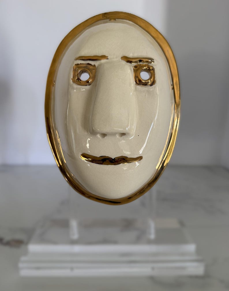Vintage Signed Ceramic Wall Mask, Ivory Studio Pottery Face Sculpture, Modern 3D Wall Art, Bronze Trim Gallery Wall Decor image 2